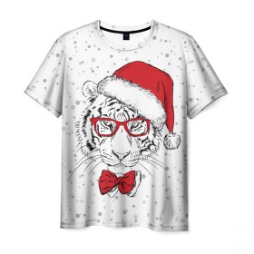 Мужская футболка 3D с принтом Тигр Санта Клаус в Курске, 100% полиэфир | прямой крой, круглый вырез горловины, длина до линии бедер | animal | bow | christmas | holiday | new year | predator | santa claus | snow | tiger | view | winter | бант | взгляд | дед мороз | животное | зима | новый год | очки | праздник | рождество | санта клаус | снег | тигр | хищник