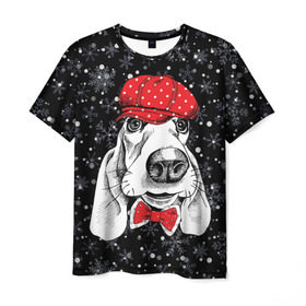 Мужская футболка 3D с принтом Бассет-хаунд в Курске, 100% полиэфир | прямой крой, круглый вырез горловины, длина до линии бедер | Тематика изображения на принте: bow | breed | cap | christmas | dog | holiday | new year | red | wint | бант | бассет хаунд | белый | взгляд | горошек | зима | красный | новый год | порода | праздник | рождество | снег | снежинки | собака | фуражка