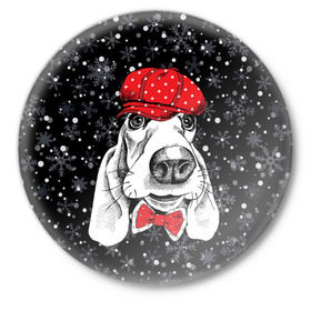 Значок с принтом Бассет-хаунд в Курске,  металл | круглая форма, металлическая застежка в виде булавки | Тематика изображения на принте: bow | breed | cap | christmas | dog | holiday | new year | red | wint | бант | бассет хаунд | белый | взгляд | горошек | зима | красный | новый год | порода | праздник | рождество | снег | снежинки | собака | фуражка