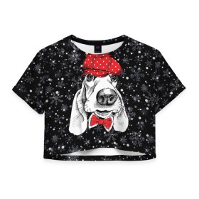 Женская футболка 3D укороченная с принтом Бассет-хаунд в Курске, 100% полиэстер | круглая горловина, длина футболки до линии талии, рукава с отворотами | bow | breed | cap | christmas | dog | holiday | new year | red | wint | бант | бассет хаунд | белый | взгляд | горошек | зима | красный | новый год | порода | праздник | рождество | снег | снежинки | собака | фуражка