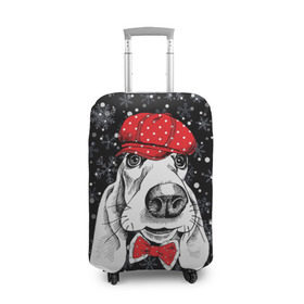 Чехол для чемодана 3D с принтом Бассет-хаунд в Курске, 86% полиэфир, 14% спандекс | двустороннее нанесение принта, прорези для ручек и колес | bow | breed | cap | christmas | dog | holiday | new year | red | wint | бант | бассет хаунд | белый | взгляд | горошек | зима | красный | новый год | порода | праздник | рождество | снег | снежинки | собака | фуражка