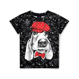 Детская футболка 3D с принтом Бассет-хаунд в Курске, 100% гипоаллергенный полиэфир | прямой крой, круглый вырез горловины, длина до линии бедер, чуть спущенное плечо, ткань немного тянется | bow | breed | cap | christmas | dog | holiday | new year | red | wint | бант | бассет хаунд | белый | взгляд | горошек | зима | красный | новый год | порода | праздник | рождество | снег | снежинки | собака | фуражка