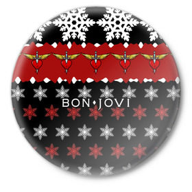 Значок с принтом Праздничный Bon Jovi в Курске,  металл | круглая форма, металлическая застежка в виде булавки | Тематика изображения на принте: bon | jovi | бон | группа | джови | новогодний | новый год | праздник | рождество | рок | снежинки