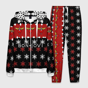 Мужской костюм 3D с принтом Праздничный Bon Jovi в Курске, 100% полиэстер | Манжеты и пояс оформлены тканевой резинкой, двухслойный капюшон со шнурком для регулировки, карманы спереди | Тематика изображения на принте: bon | jovi | бон | группа | джови | новогодний | новый год | праздник | рождество | рок | снежинки