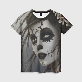 Женская футболка 3D с принтом Skull в Курске, 100% полиэфир ( синтетическое хлопкоподобное полотно) | прямой крой, круглый вырез горловины, длина до линии бедер | halloween | skull | sugar skull | мексика | хэллоуин | череп
