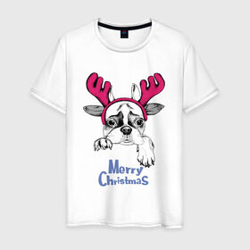 Мужская футболка хлопок с принтом Бульдог Олень в Курске, 100% хлопок | прямой крой, круглый вырез горловины, длина до линии бедер, слегка спущенное плечо. | breed | bulldog | christmas | deer | dog | holiday | horns | ne | santa claus | scarf | snow | snowflakes | winter | бульдог | дед мороз | зима | новый год | олень | очки | порода | праздник | рога | рождество | санта клаус | снег | снежинки | с