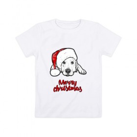 Детская футболка хлопок с принтом Собака Санта в Курске, 100% хлопок | круглый вырез горловины, полуприлегающий силуэт, длина до линии бедер | christmas | dog | holiday | new year | santa claus | santa hat | snow | snowflakes | winter | дед мороз | зима | новый год | праздник | рождество | санта клаус | снег | снежинки | собака | шапка