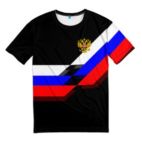 Мужская футболка 3D с принтом RUSSIA - Black Collection в Курске, 100% полиэфир | прямой крой, круглый вырез горловины, длина до линии бедер | russia | герб | россия | триколор | флаг