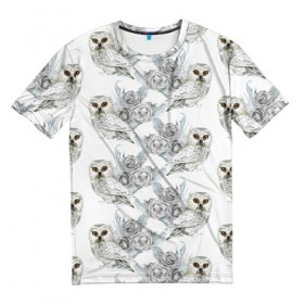 Мужская футболка 3D с принтом Owl with roses в Курске, 100% полиэфир | прямой крой, круглый вырез горловины, длина до линии бедер | flowers | owl | owls | roses | розы | сова | совы | цветы
