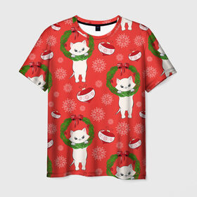 Мужская футболка 3D с принтом Новогодние кошки в Курске, 100% полиэфир | прямой крой, круглый вырез горловины, длина до линии бедер | Тематика изображения на принте: зима | кот | новый год | подарок | рождество