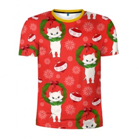 Мужская футболка 3D спортивная с принтом Новогодние кошки в Курске, 100% полиэстер с улучшенными характеристиками | приталенный силуэт, круглая горловина, широкие плечи, сужается к линии бедра | зима | кот | новый год | подарок | рождество
