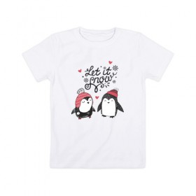 Детская футболка хлопок с принтом Пингвинчики в Курске, 100% хлопок | круглый вырез горловины, полуприлегающий силуэт, длина до линии бедер | зима | новый год | пингвин | подарок | рождество