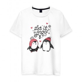 Мужская футболка хлопок с принтом Пингвинчики в Курске, 100% хлопок | прямой крой, круглый вырез горловины, длина до линии бедер, слегка спущенное плечо. | зима | новый год | пингвин | подарок | рождество