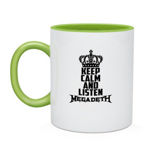 Кружка двухцветная с принтом Keep calm and listen Megadeth в Курске, керамика | объем — 330 мл, диаметр — 80 мм. Цветная ручка и кайма сверху, в некоторых цветах — вся внутренняя часть | Тематика изображения на принте: megadet | megadeth | дирк вербурен | дэвид эллефсон | дэйв мастейн | кико лоурейро | мегадет