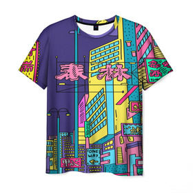 Мужская футболка 3D с принтом Токио в Курске, 100% полиэфир | прямой крой, круглый вырез горловины, длина до линии бедер | Тематика изображения на принте: азия | буквы | вывески | иероглифы | кислота | мегаполис | неон | неонуар | флуо | япония | яркий