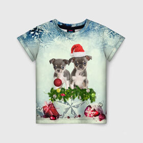 Детская футболка 3D с принтом Милые собачки в Курске, 100% гипоаллергенный полиэфир | прямой крой, круглый вырез горловины, длина до линии бедер, чуть спущенное плечо, ткань немного тянется | christmas | new year | год собаки | елка | елочки | новогодний | новый год | рождество | снег | снежинки | собака