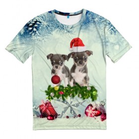 Мужская футболка 3D с принтом Милые собачки в Курске, 100% полиэфир | прямой крой, круглый вырез горловины, длина до линии бедер | christmas | new year | год собаки | елка | елочки | новогодний | новый год | рождество | снег | снежинки | собака