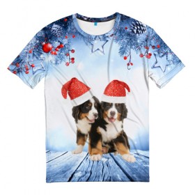Мужская футболка 3D с принтом Новогодние собачки в Курске, 100% полиэфир | прямой крой, круглый вырез горловины, длина до линии бедер | christmas | new year | santa | год собаки | елка | елочки | новогодний | новый год | рождество | снег | снежинки | собака