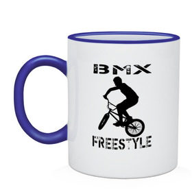 Кружка двухцветная с принтом BMX FreeStyle в Курске, керамика | объем — 330 мл, диаметр — 80 мм. Цветная ручка и кайма сверху, в некоторых цветах — вся внутренняя часть | bmx | freestyle | велик | велосипед | трюки | экстрим