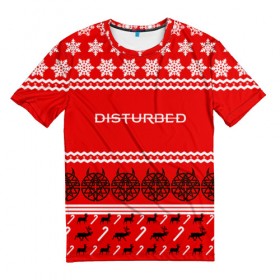 Мужская футболка 3D с принтом Праздничный Disturbed в Курске, 100% полиэфир | прямой крой, круглый вырез горловины, длина до линии бедер | disturbed | встревоженные | джон мойер | дистёрбд | дэвид дрейман | дэн дониган | майк венгрен | новогодний | новый год | праздник | рождество
