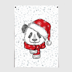 Постер с принтом Панда Санта в Курске, 100% бумага
 | бумага, плотность 150 мг. Матовая, но за счет высокого коэффициента гладкости имеет небольшой блеск и дает на свету блики, но в отличии от глянцевой бумаги не покрыта лаком | дед мороз | зима | медведь | праздник | рождество | санта клаус | снег | шапка | шарф