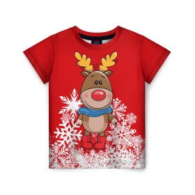 Детская футболка 3D с принтом Олень в шарфике в Курске, 100% гипоаллергенный полиэфир | прямой крой, круглый вырез горловины, длина до линии бедер, чуть спущенное плечо, ткань немного тянется | новогодний олень | новый год | олень | олень в шарфике | подарок на новый год
