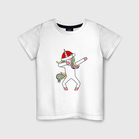 Детская футболка хлопок с принтом Единорог в шапке Санты Дэб в Курске, 100% хлопок | круглый вырез горловины, полуприлегающий силуэт, длина до линии бедер | Тематика изображения на принте: дэб | единорог | новый год | санта