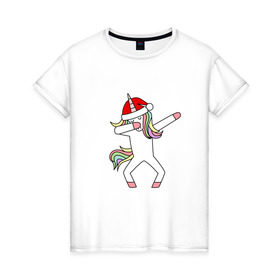 Женская футболка хлопок с принтом Единорог в шапке Санты Дэб в Курске, 100% хлопок | прямой крой, круглый вырез горловины, длина до линии бедер, слегка спущенное плечо | дэб | единорог | новый год | санта