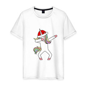Мужская футболка хлопок с принтом Единорог в шапке Санты Дэб в Курске, 100% хлопок | прямой крой, круглый вырез горловины, длина до линии бедер, слегка спущенное плечо. | дэб | единорог | новый год | санта