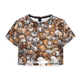 Женская футболка 3D укороченная с принтом Щенки в Курске, 100% полиэстер | круглая горловина, длина футболки до линии талии, рукава с отворотами | бультерьер | корги | мопс | паттерн | пес | питбуль | породы | собака | собачка | хаски | щенок