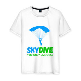 Мужская футболка хлопок с принтом skydive в Курске, 100% хлопок | прямой крой, круглый вырез горловины, длина до линии бедер, слегка спущенное плечо. | Тематика изображения на принте: adrenaline | base jumping | extreme | jump | parachute | sky | skydive | адреналин | бейс | бейсджампинг | высота | небо | облака | парашют | полет | прыжок | риск | самолет | свобода | экстрим