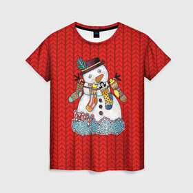 Женская футболка 3D с принтом Снеговик вышивка в Курске, 100% полиэфир ( синтетическое хлопкоподобное полотно) | прямой крой, круглый вырез горловины, длина до линии бедер | new year | елка | новогодний | новогодняя вышивка | новый год | рождество | снег | снежинки