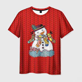 Мужская футболка 3D с принтом Снеговик вышивка в Курске, 100% полиэфир | прямой крой, круглый вырез горловины, длина до линии бедер | new year | елка | новогодний | новогодняя вышивка | новый год | рождество | снег | снежинки