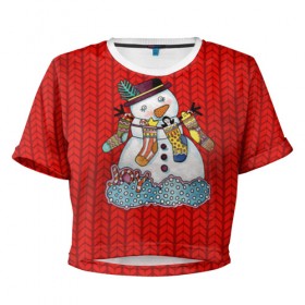 Женская футболка 3D укороченная с принтом Снеговик вышивка в Курске, 100% полиэстер | круглая горловина, длина футболки до линии талии, рукава с отворотами | new year | елка | новогодний | новогодняя вышивка | новый год | рождество | снег | снежинки