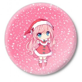 Значок с принтом Снегурочка в Курске,  металл | круглая форма, металлическая застежка в виде булавки | девочка | рождество | розовый | снег