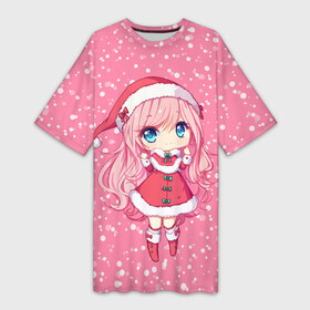 Платье-футболка 3D с принтом Снегурочка в Курске,  |  | девочка | рождество | розовый | снег