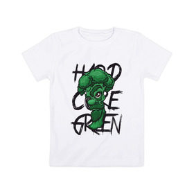 Детская футболка хлопок с принтом Брокколи Hardcore Green в Курске, 100% хлопок | круглый вырез горловины, полуприлегающий силуэт, длина до линии бедер | beard | broccoli | vegan | vegeterian | борода | брокколи | веган | вегетарианец | вегетарианство | зеленый | овощ | персонаж | слоган | усы