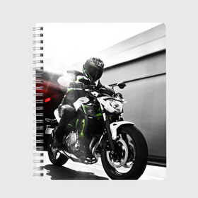 Тетрадь с принтом Kawasaki в Курске, 100% бумага | 48 листов, плотность листов — 60 г/м2, плотность картонной обложки — 250 г/м2. Листы скреплены сбоку удобной пружинной спиралью. Уголки страниц и обложки скругленные. Цвет линий — светло-серый
 | Тематика изображения на принте: motorbike | motorcycle | race | rider | ryder | speed | yamaha | байк | гонки | гонщик | кавасаки | мото | мотобайк | мотоцикл | райдер | скорость | ямаха