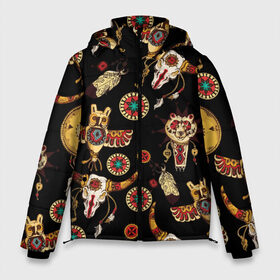Мужская зимняя куртка 3D с принтом Индейский орнамент в Курске, верх — 100% полиэстер; подкладка — 100% полиэстер; утеплитель — 100% полиэстер | длина ниже бедра, свободный силуэт Оверсайз. Есть воротник-стойка, отстегивающийся капюшон и ветрозащитная планка. 

Боковые карманы с листочкой на кнопках и внутренний карман на молнии. | amulets | bulls | feathers | indian ornament | masks | owls | patterns | skulls | tambourines | амулеты | бубны | быки | индейский орнамент | маски | перья | совы | узоры | черепа