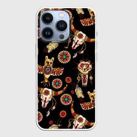 Чехол для iPhone 13 Pro с принтом Индейский орнамент в Курске,  |  | amulets | bulls | feathers | indian ornament | masks | owls | patterns | skulls | tambourines | амулеты | бубны | быки | индейский орнамент | маски | перья | совы | узоры | черепа