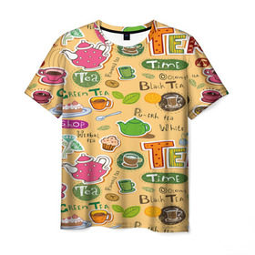 Мужская футболка 3D с принтом Tea bombing в Курске, 100% полиэфир | прямой крой, круглый вырез горловины, длина до линии бедер | char | tea | tea party | еда | конфеты | лимон | напиток | печенье | сладости | тортики | чай | чашка