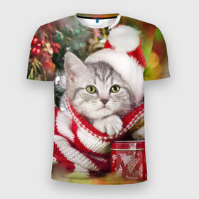 Мужская футболка 3D спортивная с принтом Новогодний котик в Курске, 100% полиэстер с улучшенными характеристиками | приталенный силуэт, круглая горловина, широкие плечи, сужается к линии бедра | елка | зима | кот | котейка | кошка | мороз | новый год | снег