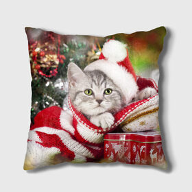 Подушка 3D с принтом Новогодний котик в Курске, наволочка – 100% полиэстер, наполнитель – холлофайбер (легкий наполнитель, не вызывает аллергию). | состоит из подушки и наволочки. Наволочка на молнии, легко снимается для стирки | елка | зима | кот | котейка | кошка | мороз | новый год | снег