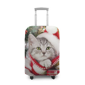 Чехол для чемодана 3D с принтом Новогодний котик в Курске, 86% полиэфир, 14% спандекс | двустороннее нанесение принта, прорези для ручек и колес | елка | зима | кот | котейка | кошка | мороз | новый год | снег