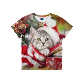 Детская футболка 3D с принтом Новогодний котик в Курске, 100% гипоаллергенный полиэфир | прямой крой, круглый вырез горловины, длина до линии бедер, чуть спущенное плечо, ткань немного тянется | Тематика изображения на принте: елка | зима | кот | котейка | кошка | мороз | новый год | снег