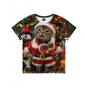 Детская футболка 3D с принтом Прикольный Санта в Курске, 100% гипоаллергенный полиэфир | прямой крой, круглый вырез горловины, длина до линии бедер, чуть спущенное плечо, ткань немного тянется | Тематика изображения на принте: елка | зима | кот | котейка | кошка | мороз | новый год | снег | снежинки