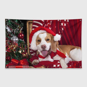 Флаг-баннер с принтом Прикольный Санта в Курске, 100% полиэстер | размер 67 х 109 см, плотность ткани — 95 г/м2; по краям флага есть четыре люверса для крепления | елка | новый год | пес | снег | снежинки | собака | щенок