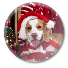 Значок с принтом Прикольный Санта в Курске,  металл | круглая форма, металлическая застежка в виде булавки | Тематика изображения на принте: елка | новый год | пес | снег | снежинки | собака | щенок