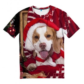 Мужская футболка 3D с принтом Прикольный Санта в Курске, 100% полиэфир | прямой крой, круглый вырез горловины, длина до линии бедер | елка | новый год | пес | снег | снежинки | собака | щенок