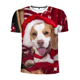Мужская футболка 3D спортивная с принтом Прикольный Санта в Курске, 100% полиэстер с улучшенными характеристиками | приталенный силуэт, круглая горловина, широкие плечи, сужается к линии бедра | Тематика изображения на принте: елка | новый год | пес | снег | снежинки | собака | щенок